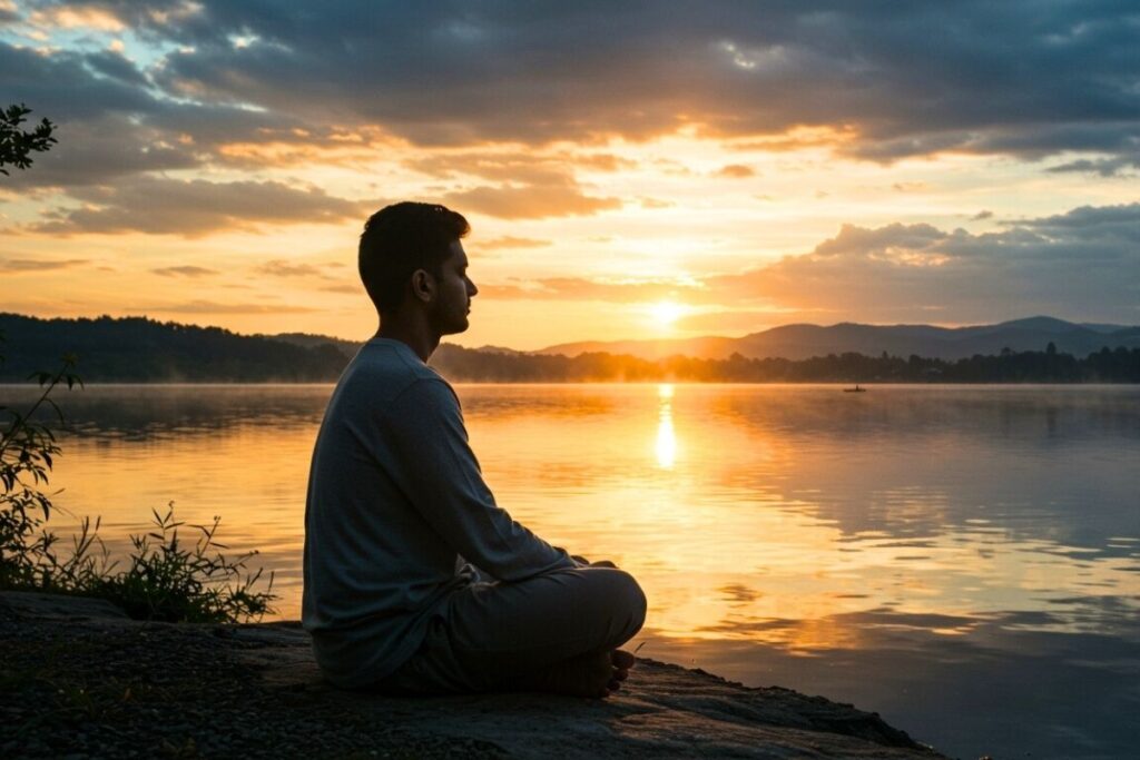 Person meditating by the riverside in the evening for inner peace and healing