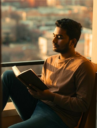 Young man reading a book in a peaceful environment for self-growth