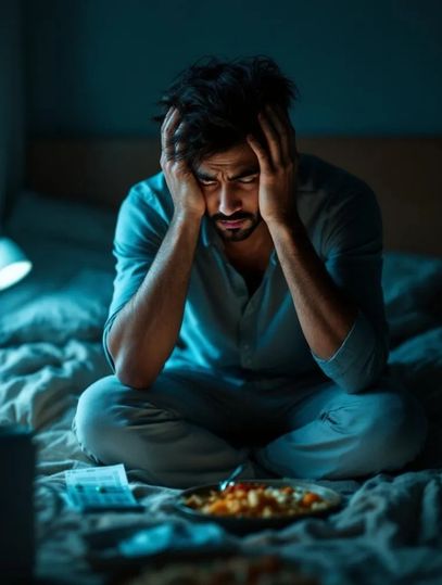 Depressed young man looking tense unable to eat.
