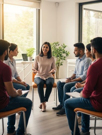 Therapist leading group counselling for alcohol recovery.