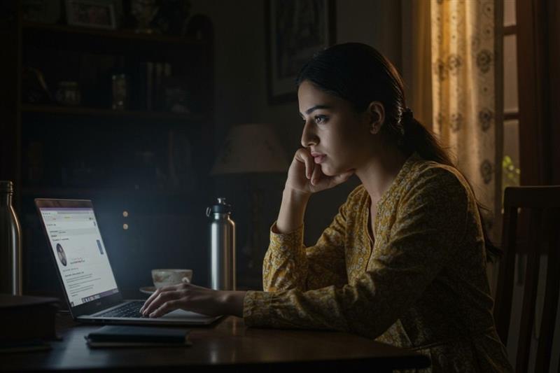 A Young woman, reading about rehab options in Haryana.