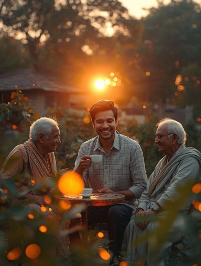 Rehab patient enjoying tea with senior citizens