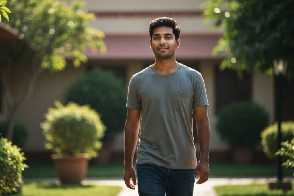 A young boy walking confidently at a rehab centre in India.