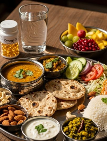 Plate of balanced food supporting nutrition in alcohol addiction recovery.