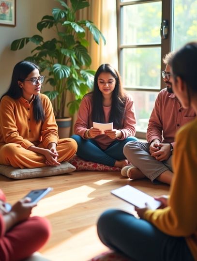 Group therapy session at a de addiction centre in India with patients discussing recovery progress