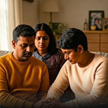 Parents comforting their son during addiction recovery at home