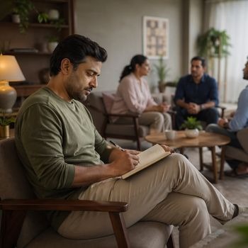 Patient learning about mindfulness care at de-addiction centre in Chhattisgarh
