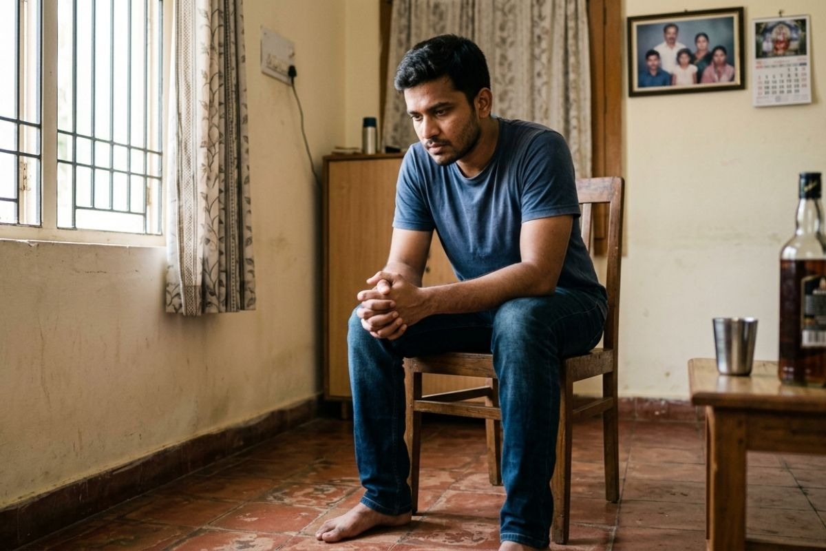 A man is sitting alone and thinking about addiction and mental health in India