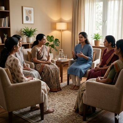 Women sharing support in alcohol rehab centre group