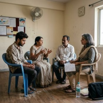 Family discussing dual diagnosis care at rehab centre