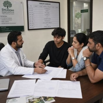 Family discussing alcohol and drug rehabilitation options in India