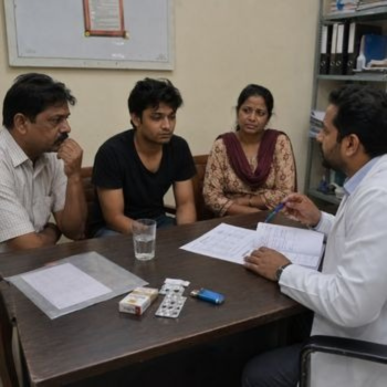 A young professional in talks with doctor at rehab centre.