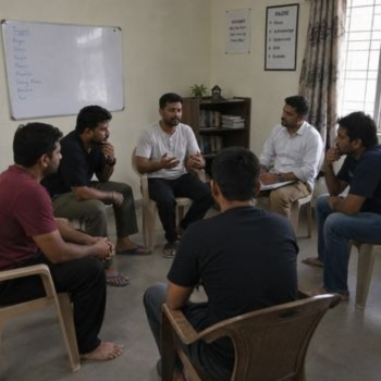 Group therapy at alcohol and drug rehabilitation centre in India