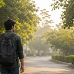 A man with a backpack walking down a quiet street .