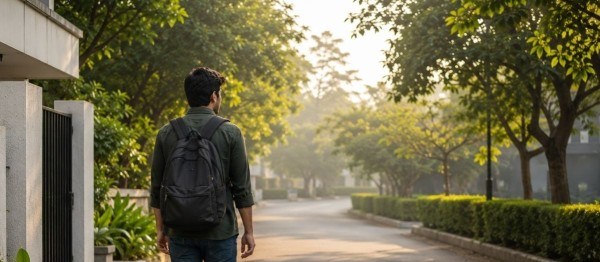 A man with a backpack walking down a quiet street .