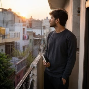 Person standing on a balcony and looking outside while practicing self-reflection during addiction recovery.