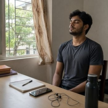 Young person sitting with closed eyes and meditating as part of addiction recovery and relapse prevention.