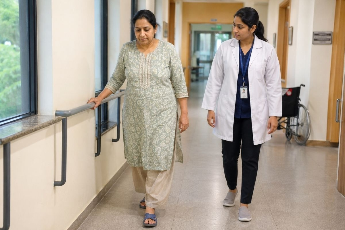 Doctor walking with an elderly female patient at a proper rehab for chronic disease management.