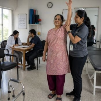 Therapist providing physical therapy to an elderly woman at a proper rehab for chronic disease management.