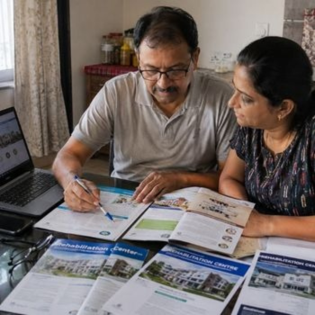 Elderly couple reading information about a proper rehab for chronic disease management.