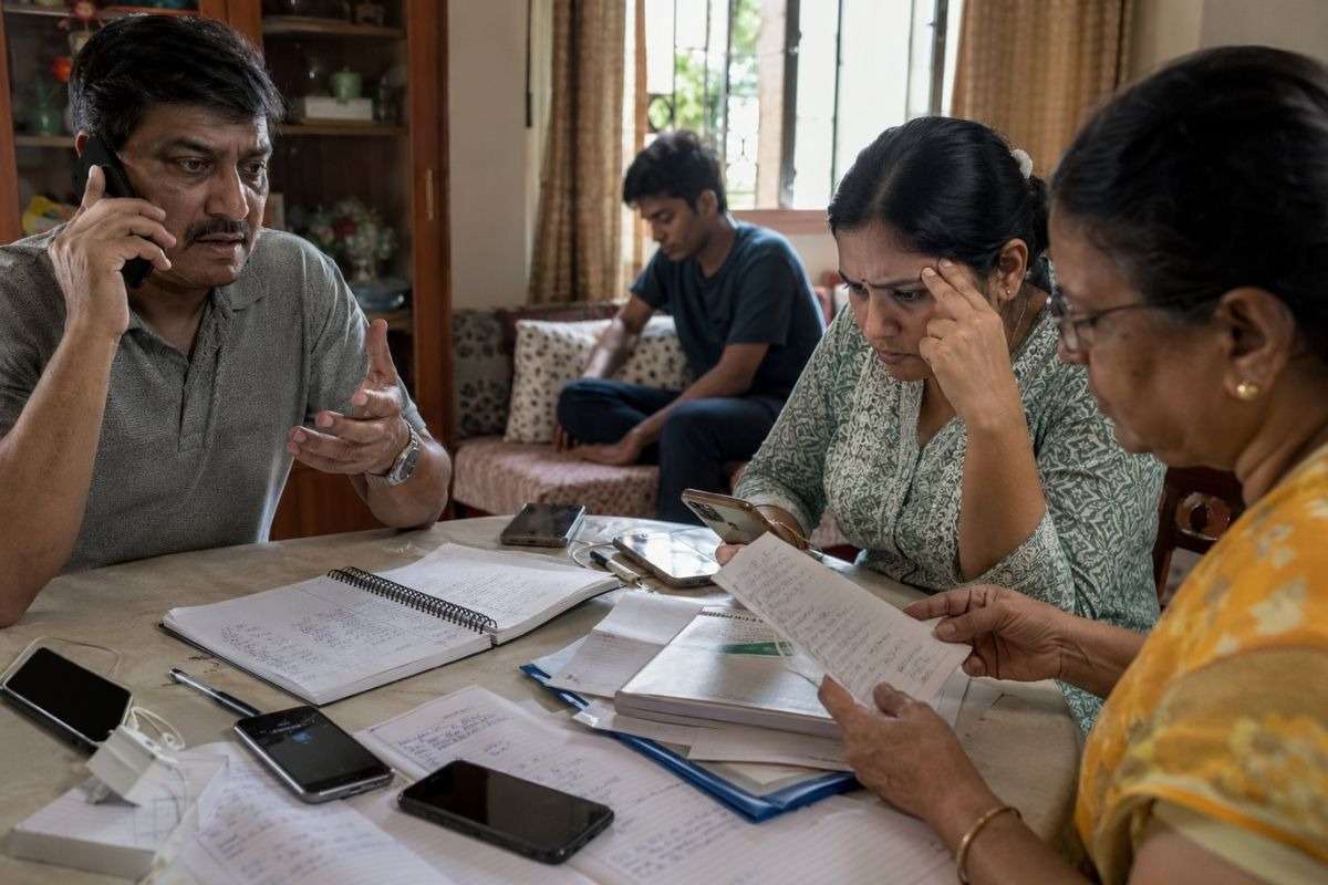 Elderly family member searching Top Drug and Alcohol Rehab Centres in Hyderabad using a printed directory.