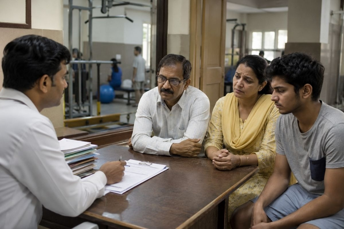 Family discussing consultation fees and treatment charges related to the Cost of Rehab in India in 2026.