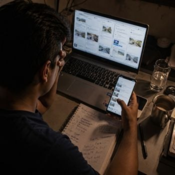 Young adult comparing Top Drug and Alcohol Rehab Centres in Hyderabad on a phone and laptop.