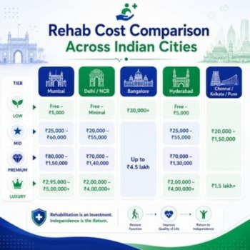 Metro cities rehab center pricing chart illustrating the Cost of Rehab in India in 2026.