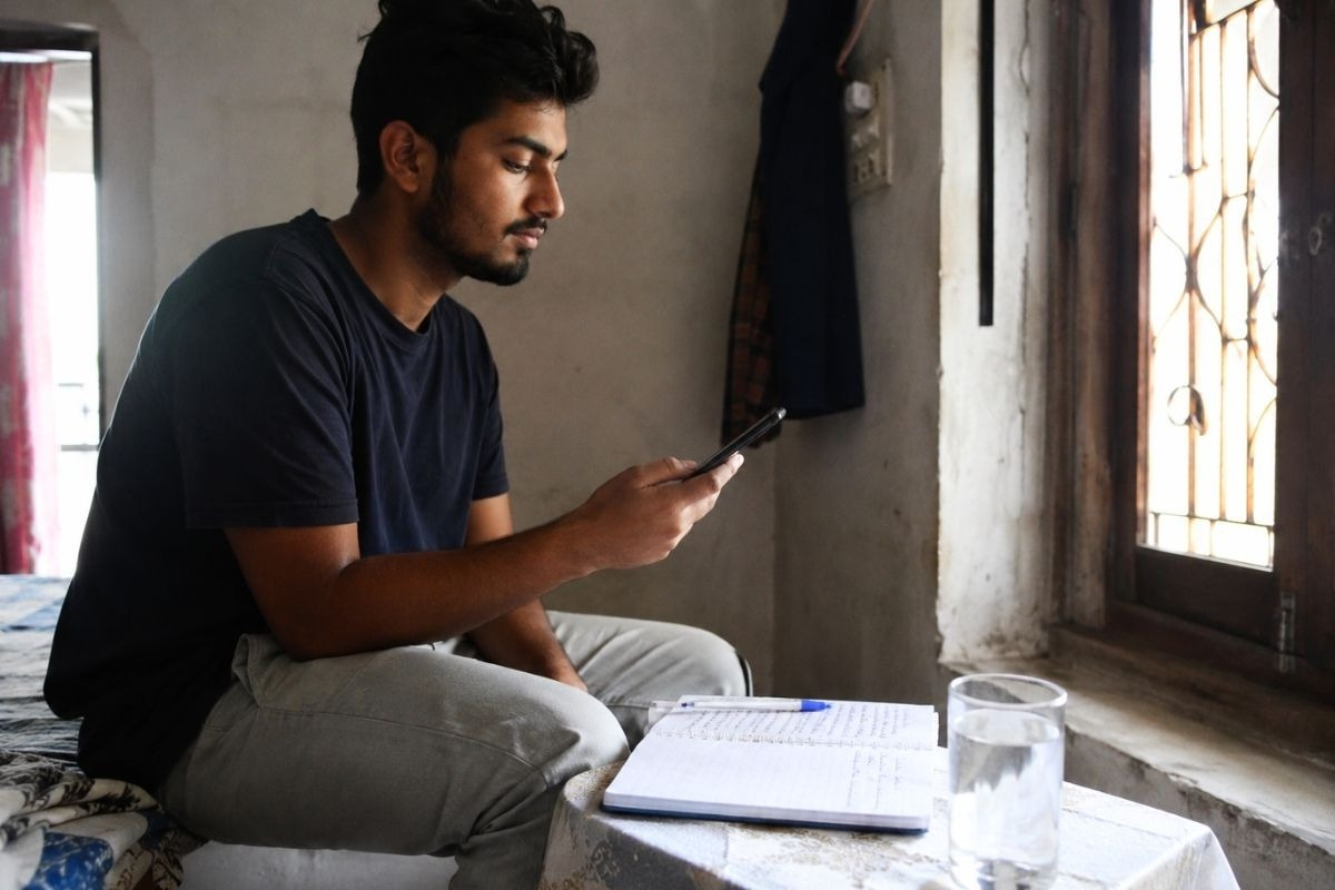 Young adult exploring Rehabilitation Centers That Offer Art Therapy, Music Therapy, and Sports Activities on a smartphone.